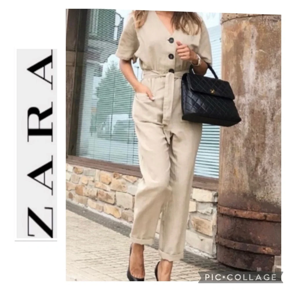 Zara Tan Linen Jumpsuit Size Large